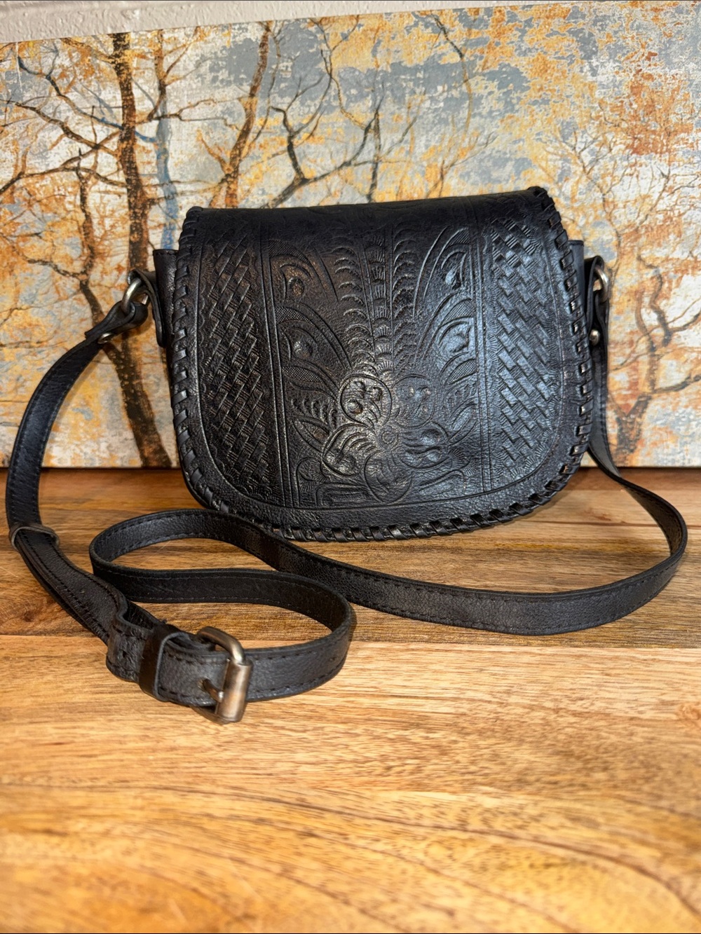 Patricia Nash Black Tooled Leather Crossbody Saddle Bag - Handcrafted Floral